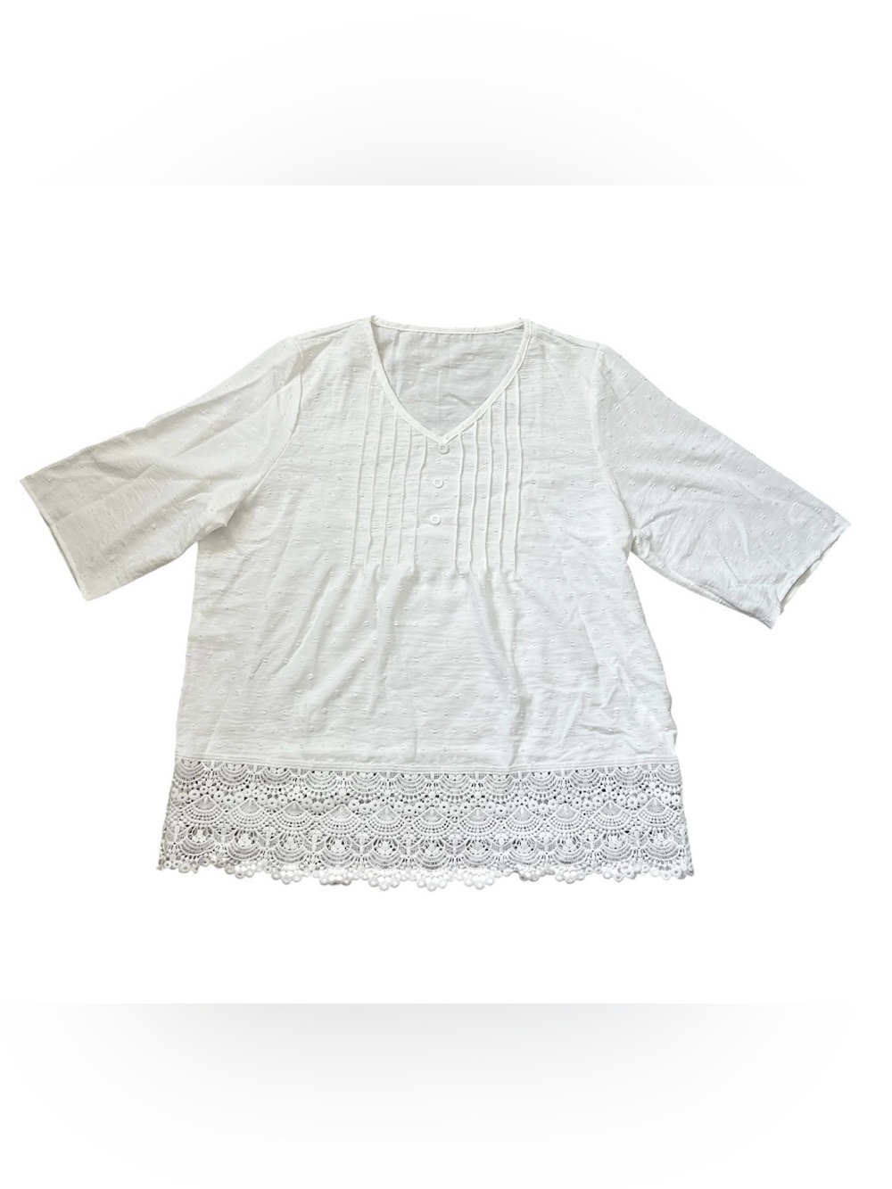 White V-Neck Pintuck Tunic with Lace Hem - Picture 5 of 7